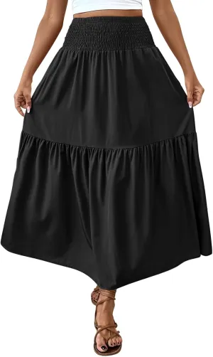 Womens Maxi Skirts Elastic High Waist A Line Flowy Long Skirts Summer Casual Layered Smocked Ruched Beach Skirt