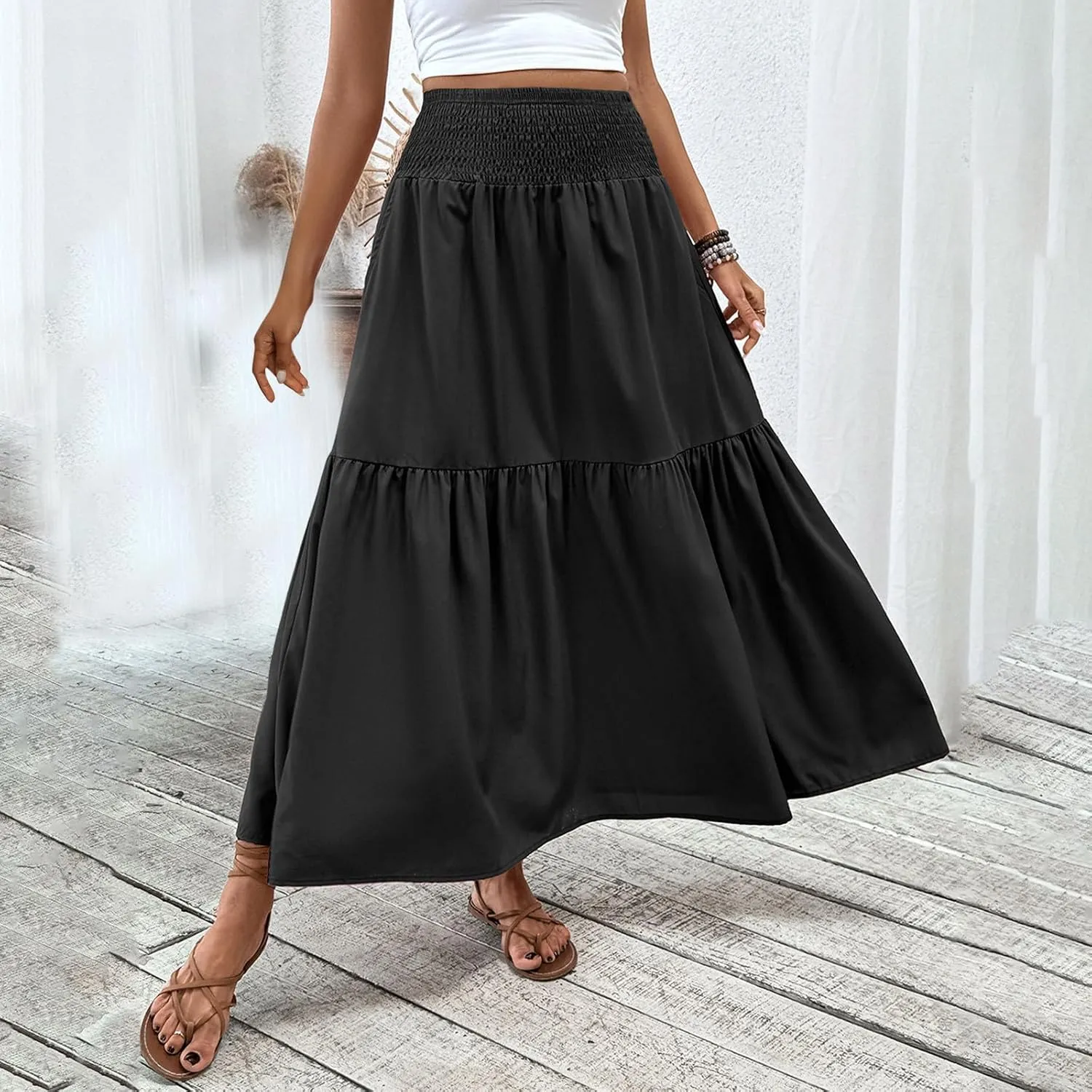 Womens Maxi Skirts Elastic High Waist A Line Flowy Long Skirts Summer Casual Layered Smocked Ruched Beach Skirt