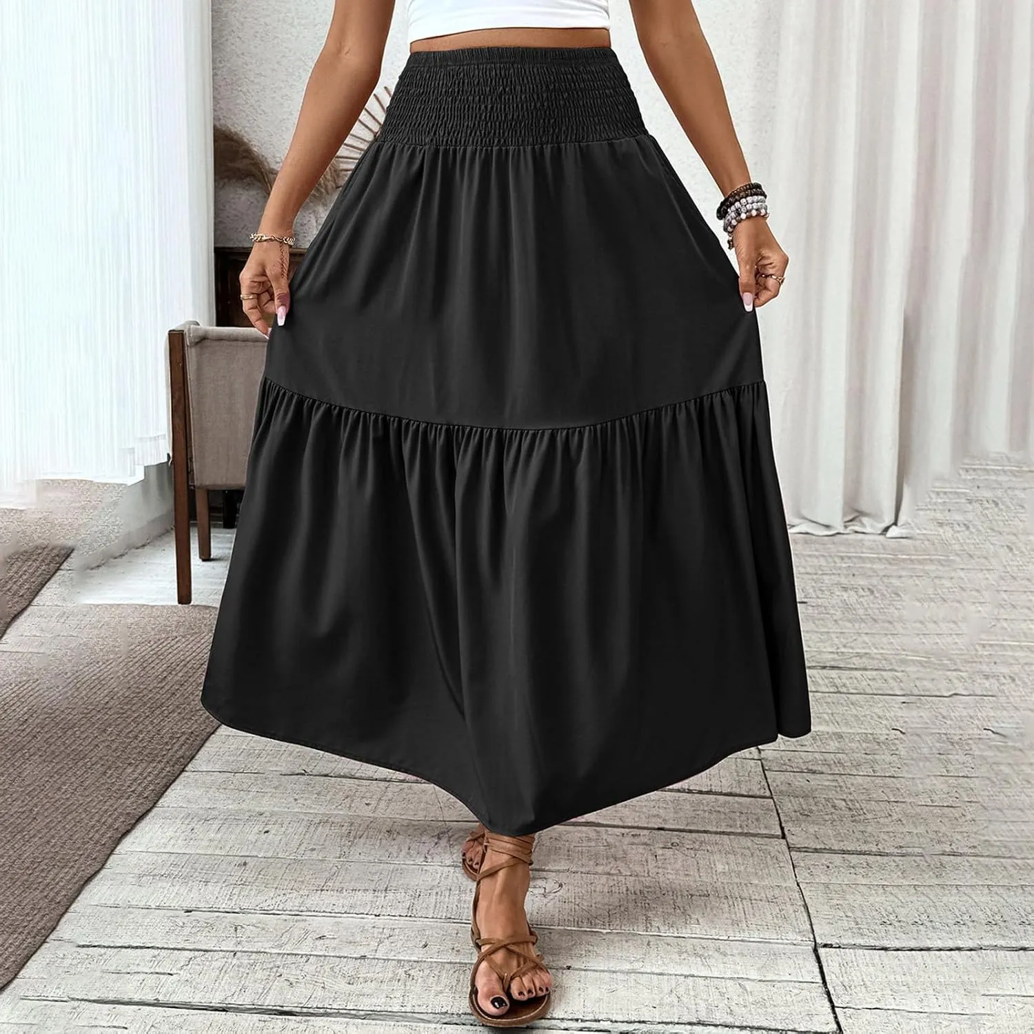 Womens Maxi Skirts Elastic High Waist A Line Flowy Long Skirts Summer Casual Layered Smocked Ruched Beach Skirt
