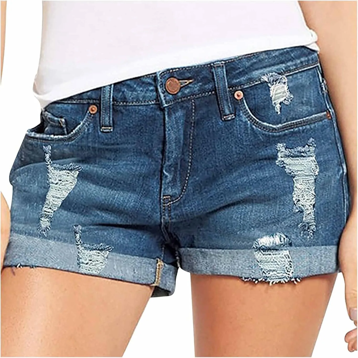 Womens Mid Rise Denim Shorts Summer Rolled Up Hem Jean Shorts Stretchy Ripped Frayed Shorts Fashion Summer Shorts