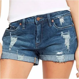 Womens Mid Rise Denim Shorts Summer Rolled Up Hem Jean Shorts Stretchy Ripped Frayed Shorts Fashion Summer Shorts