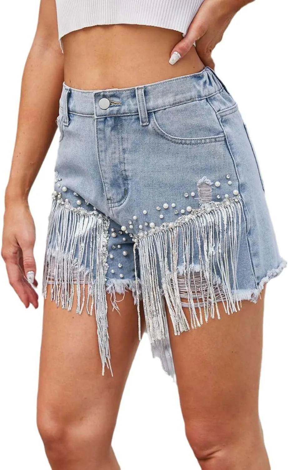 Womens Mid Waist Jean Shorts High Waist Casual Washed Frayed Tassel Destroy Plus Size Ripped Denim Shorts XS-XL