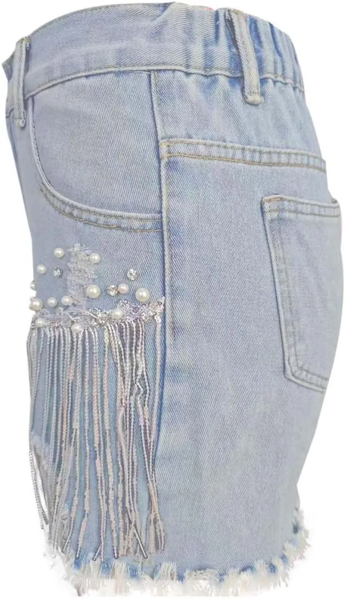 Womens Mid Waist Jean Shorts High Waist Casual Washed Frayed Tassel Destroy Plus Size Ripped Denim Shorts XS-XL