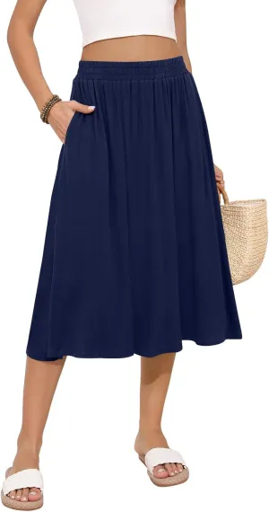 Women's Midi Skirt Summer Flowy Elastic High Waisted Casual Pleated Skirts with Pockets (Navy Blue, M)
