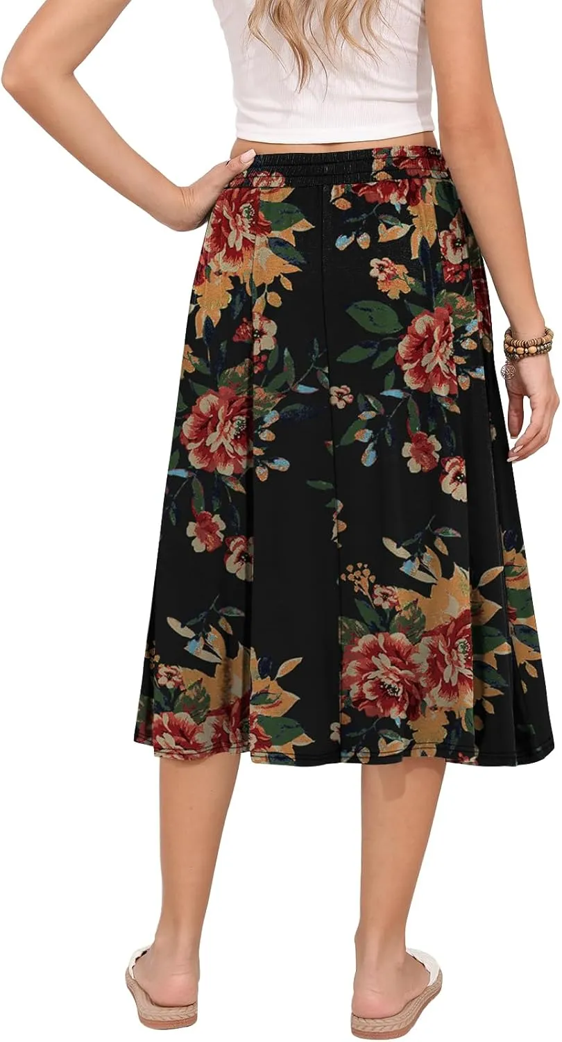 Women's Midi Skirt Summer Flowy Elastic High Waisted Casual Pleated Skirts with Pockets