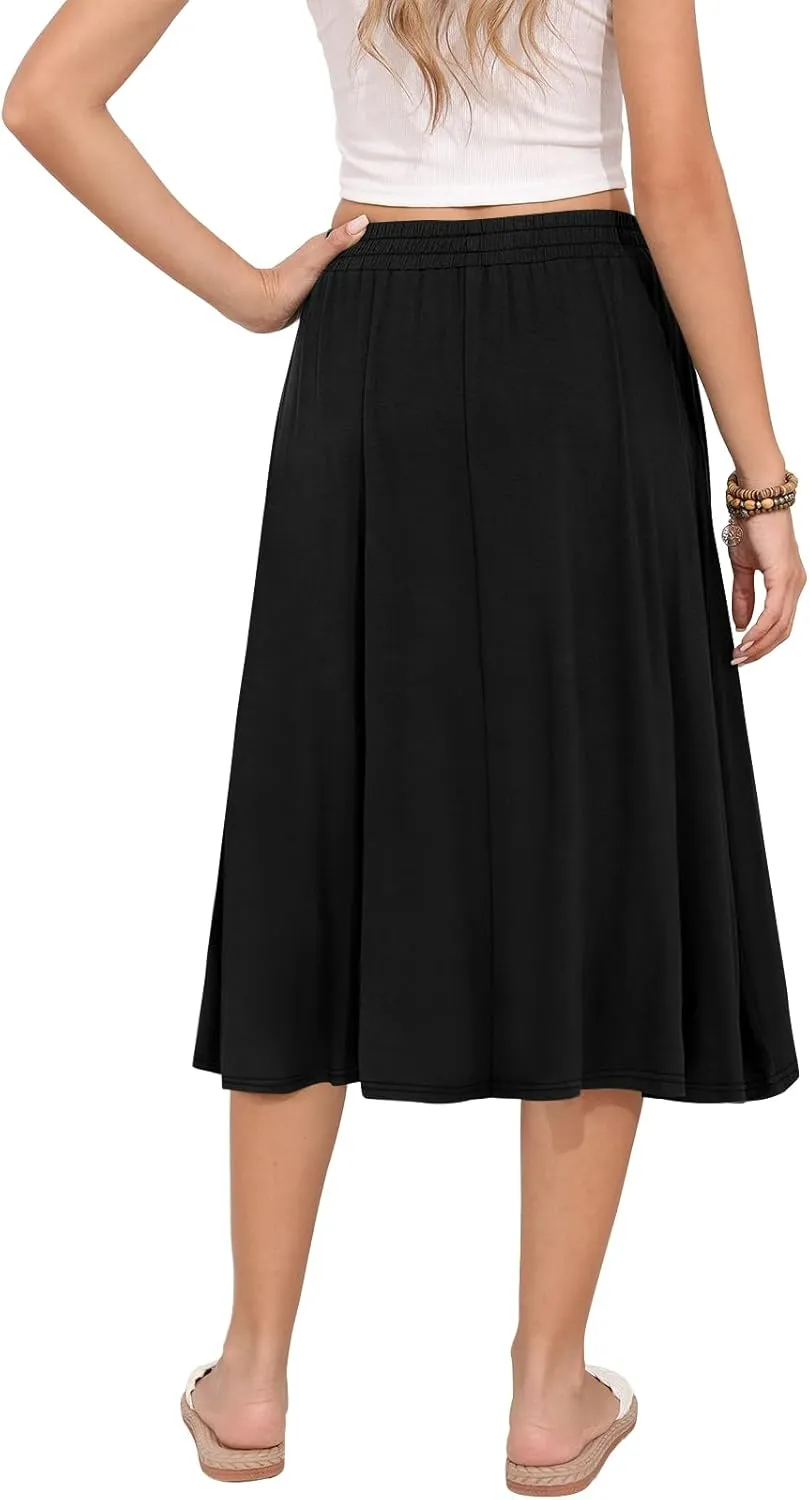 Women's Midi Skirt Summer Flowy Elastic High Waisted Casual Pleated Skirts with Pockets