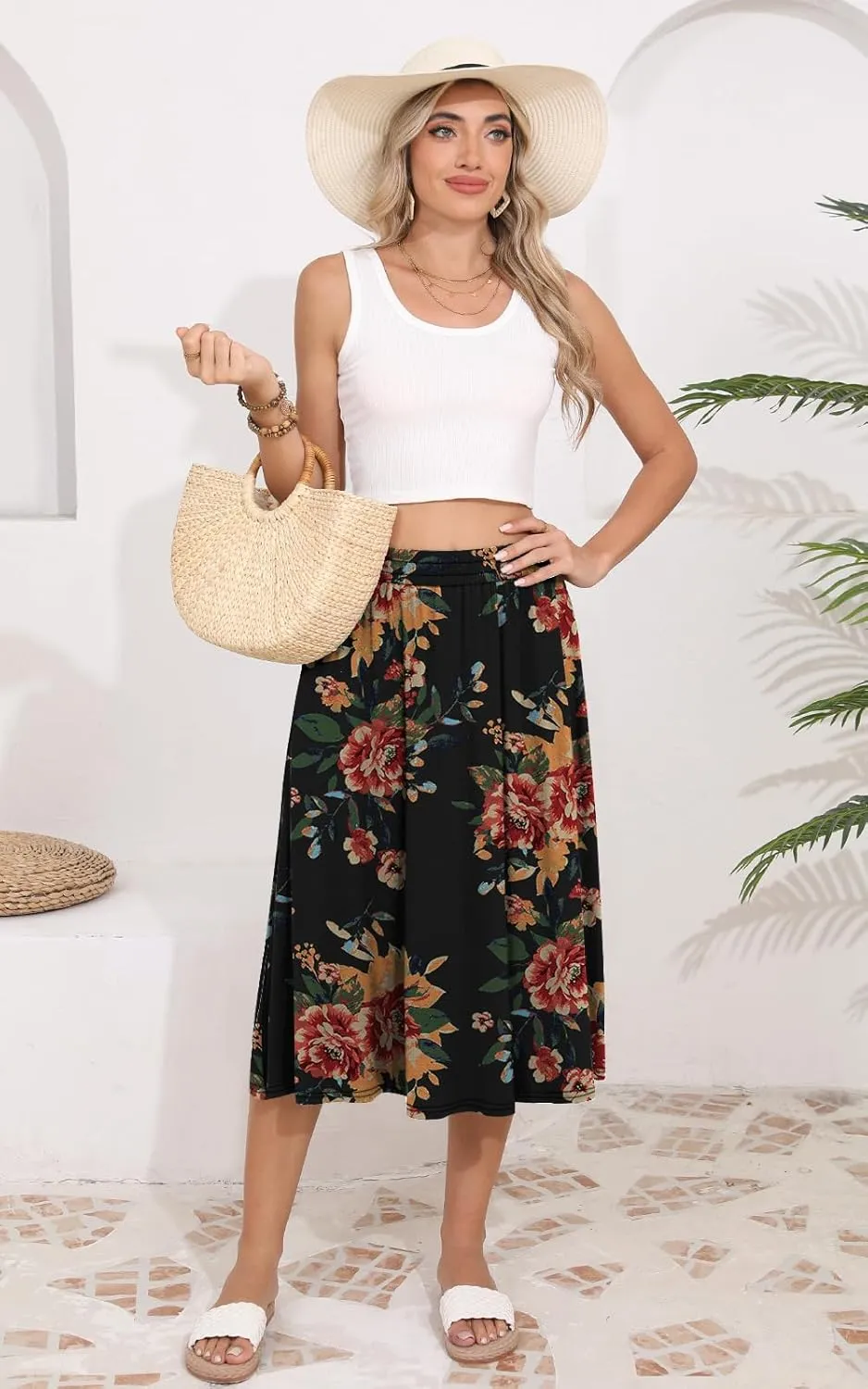 Women's Midi Skirt Summer Flowy Elastic High Waisted Casual Pleated Skirts with Pockets