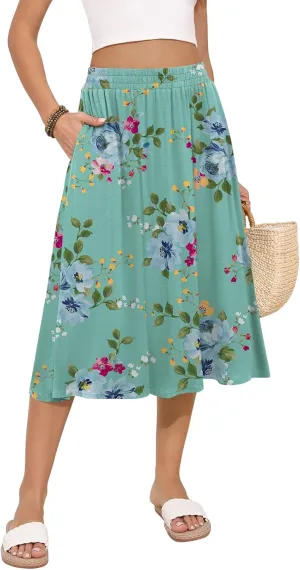 Women's Midi Skirt Summer Flowy Elastic High Waisted Casual Pleated Skirts with Pockets
