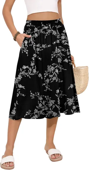 Women's Midi Skirt Summer Flowy Elastic High Waisted Casual Pleated Skirts with Pockets