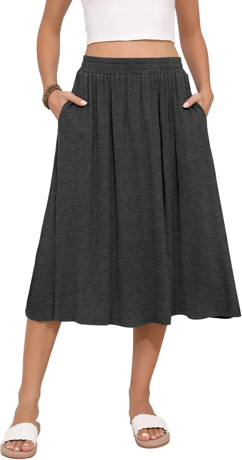 Women's Midi Skirt Summer Flowy Elastic High Waisted Casual Pleated Skirts with Pockets