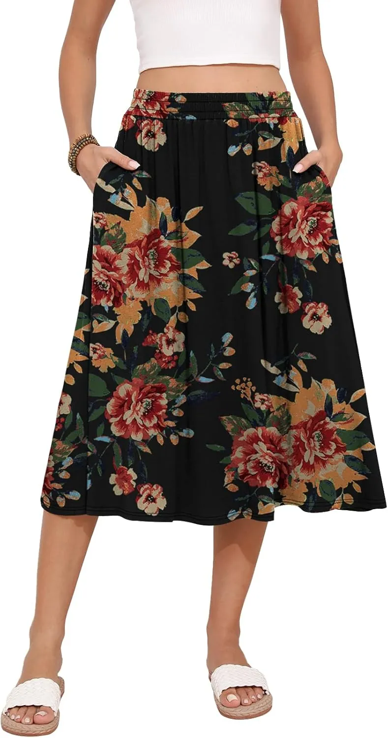 Women's Midi Skirt Summer Flowy Elastic High Waisted Casual Pleated Skirts with Pockets