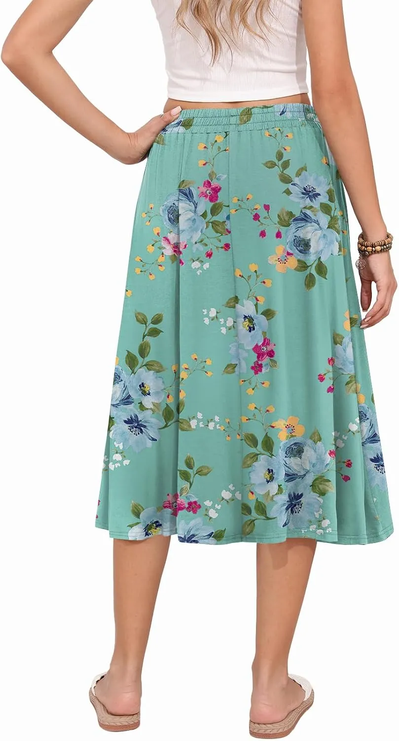 Women's Midi Skirt Summer Flowy Elastic High Waisted Casual Pleated Skirts with Pockets
