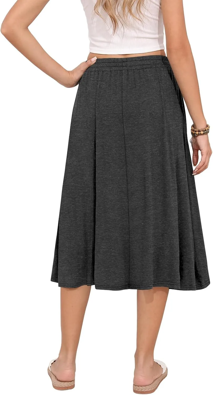 Women's Midi Skirt Summer Flowy Elastic High Waisted Casual Pleated Skirts with Pockets