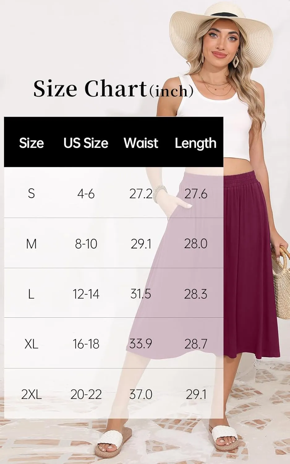 Women's Midi Skirt Summer Flowy Elastic High Waisted Casual Pleated Skirts with Pockets