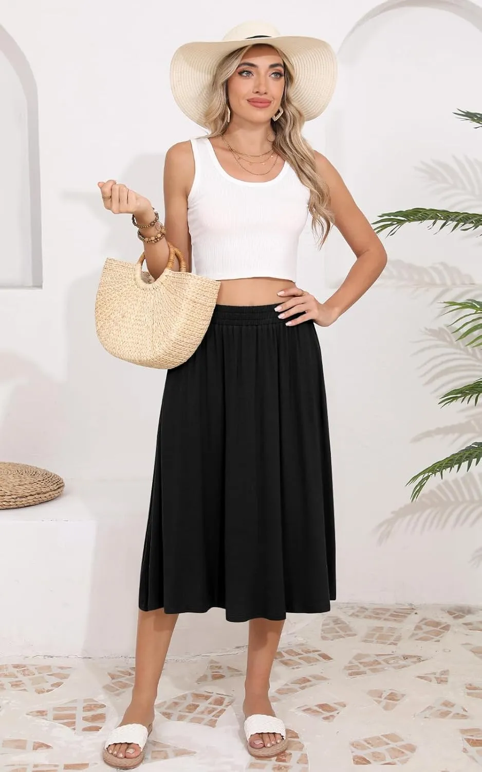 Women's Midi Skirt Summer Flowy Elastic High Waisted Casual Pleated Skirts with Pockets