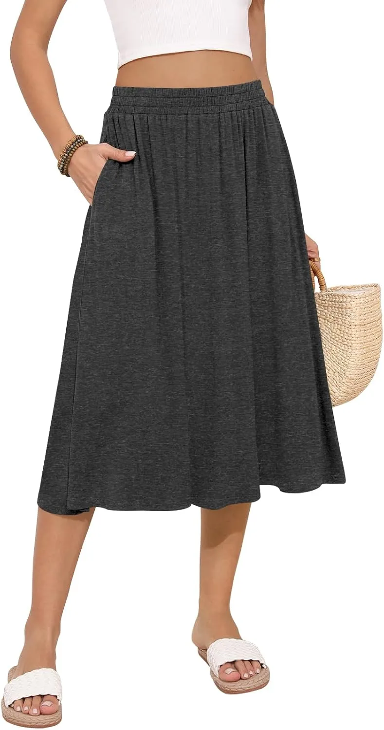 Women's Midi Skirt Summer Flowy Elastic High Waisted Casual Pleated Skirts with Pockets