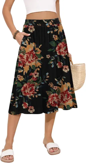 Women's Midi Skirt Summer Flowy Elastic High Waisted Casual Pleated Skirts with Pockets