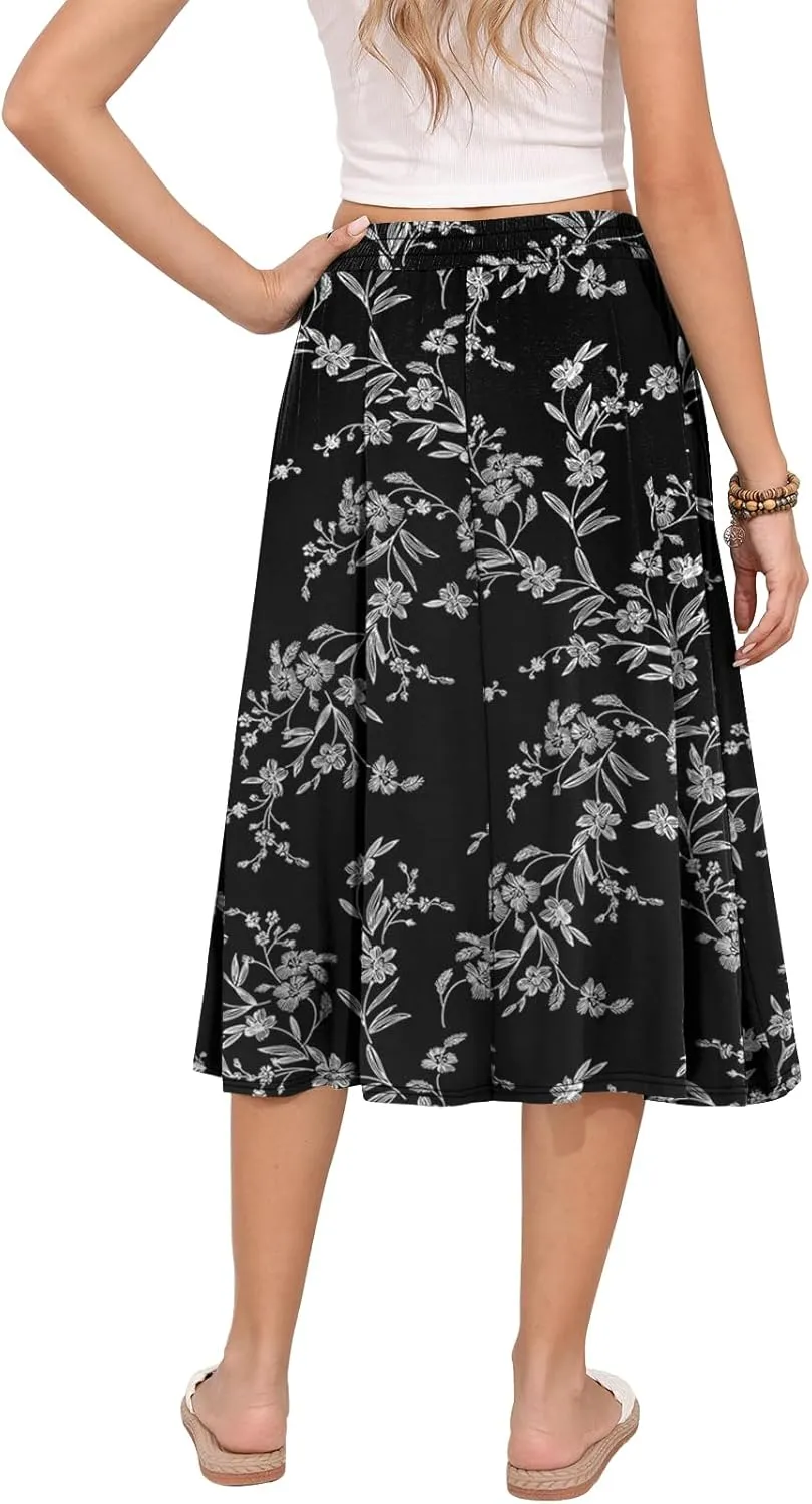 Women's Midi Skirt Summer Flowy Elastic High Waisted Casual Pleated Skirts with Pockets