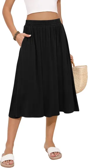 Women's Midi Skirt Summer Flowy Elastic High Waisted Casual Pleated Skirts with Pockets