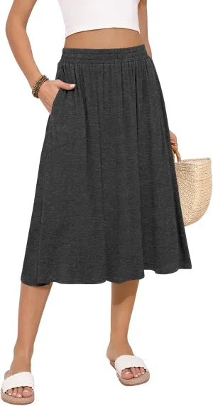 Women's Midi Skirt Summer Flowy Elastic High Waisted Casual Pleated Skirts with Pockets
