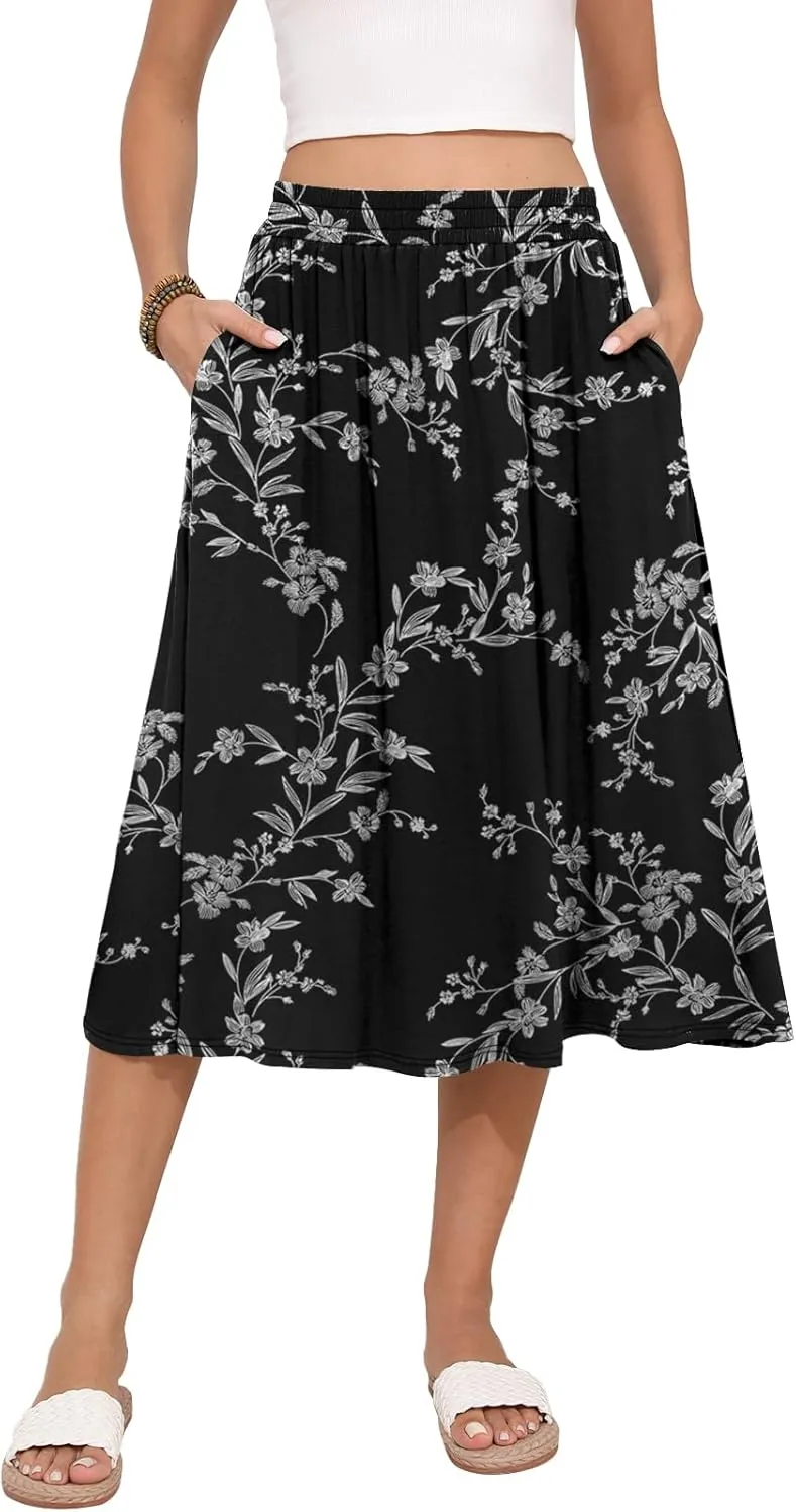 Women's Midi Skirt Summer Flowy Elastic High Waisted Casual Pleated Skirts with Pockets