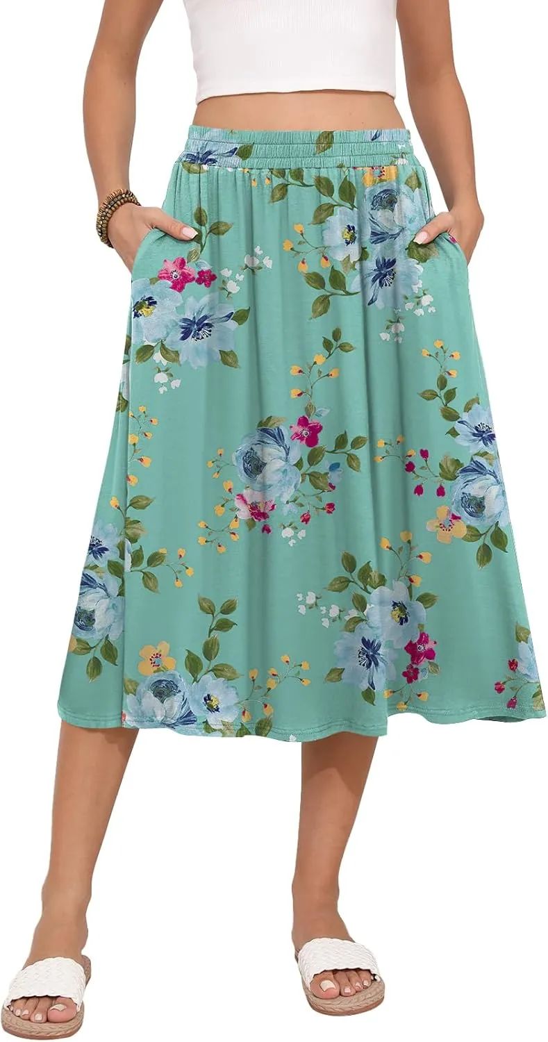 Women's Midi Skirt Summer Flowy Elastic High Waisted Casual Pleated Skirts with Pockets