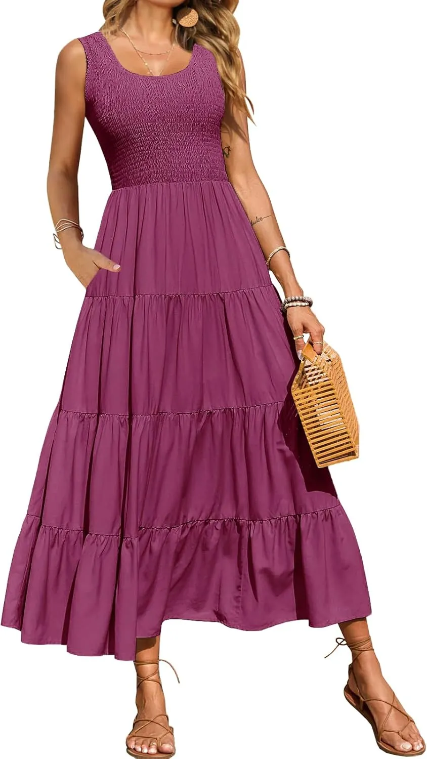 Women's Nursing Dresses Smocked Crew Neck Summer Sleeveless Tiered Maxi Dress with Pockets