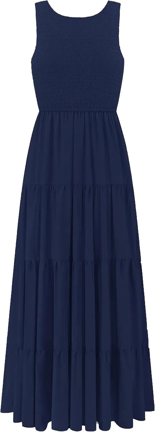 Women's Nursing Dresses Smocked Crew Neck Summer Sleeveless Tiered Maxi Dress with Pockets