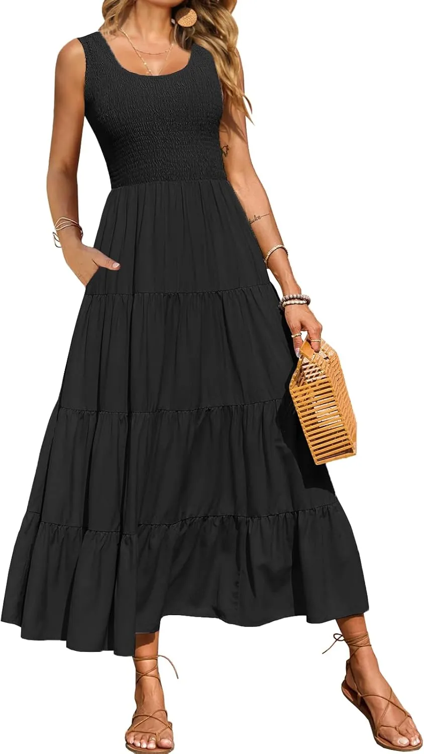 Women's Nursing Dresses Smocked Crew Neck Summer Sleeveless Tiered Maxi Dress with Pockets
