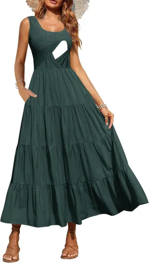 Women's Nursing Dresses Smocked Crew Neck Summer Sleeveless Tiered Maxi Dress with Pockets