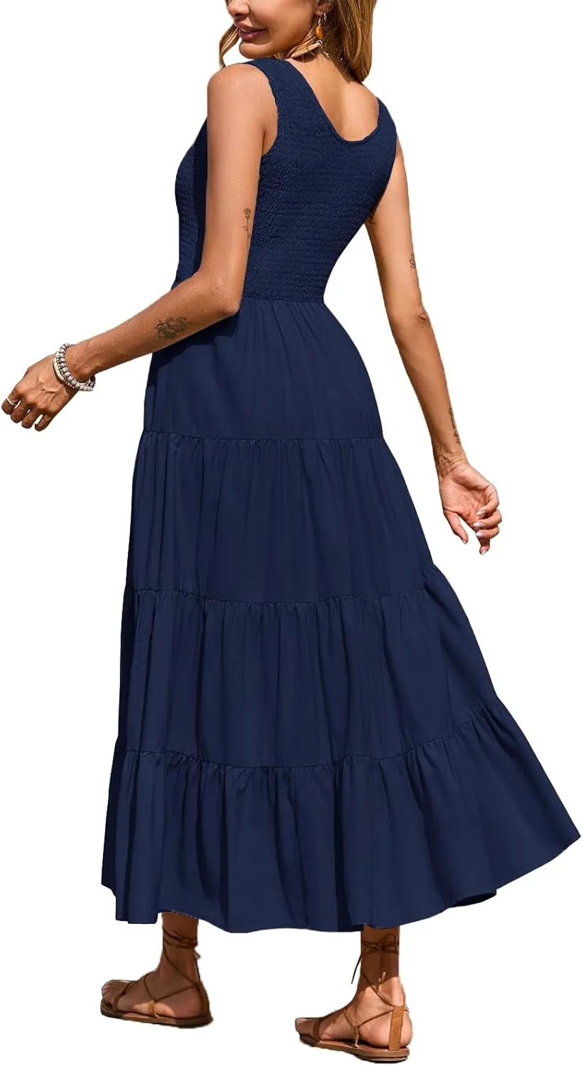 Women's Nursing Dresses Smocked Crew Neck Summer Sleeveless Tiered Maxi Dress with Pockets