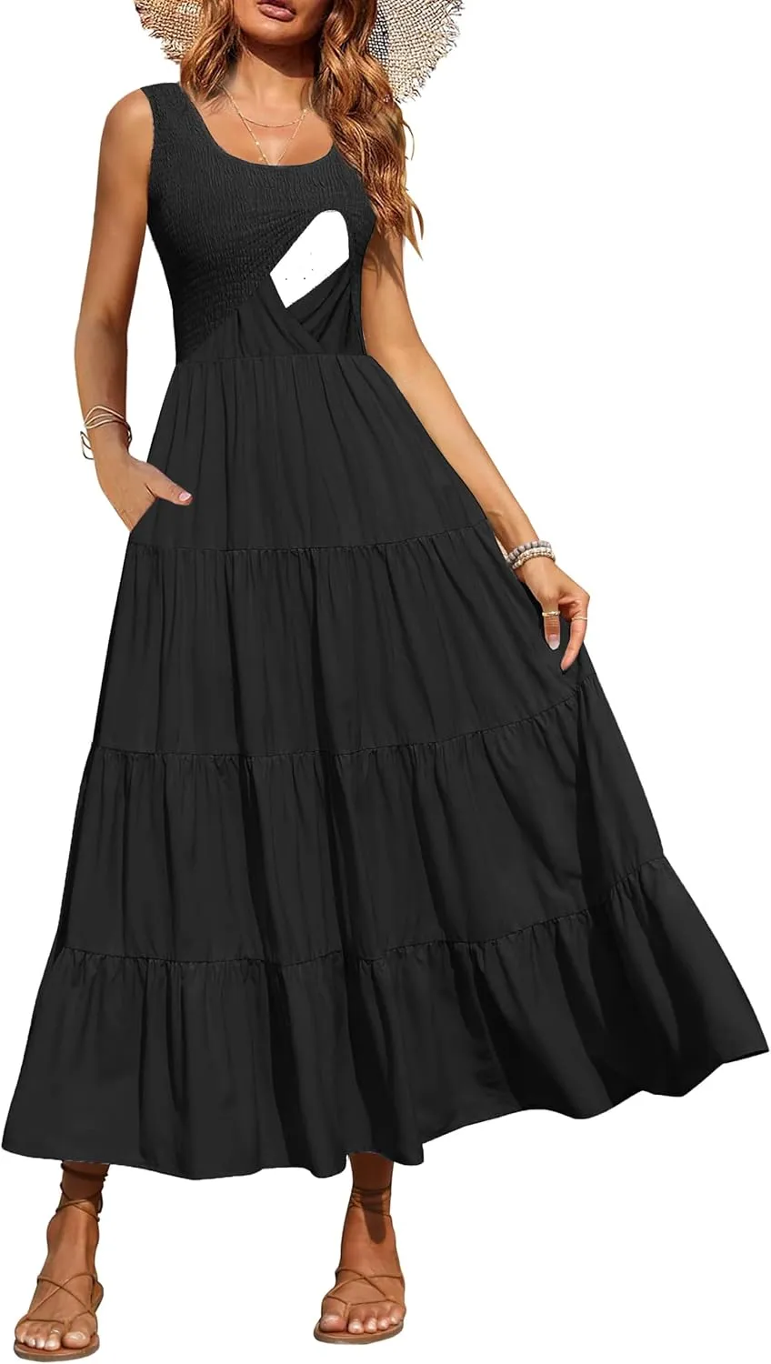 Women's Nursing Dresses Smocked Crew Neck Summer Sleeveless Tiered Maxi Dress with Pockets