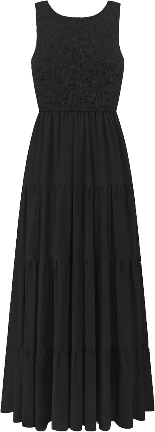 Women's Nursing Dresses Smocked Crew Neck Summer Sleeveless Tiered Maxi Dress with Pockets