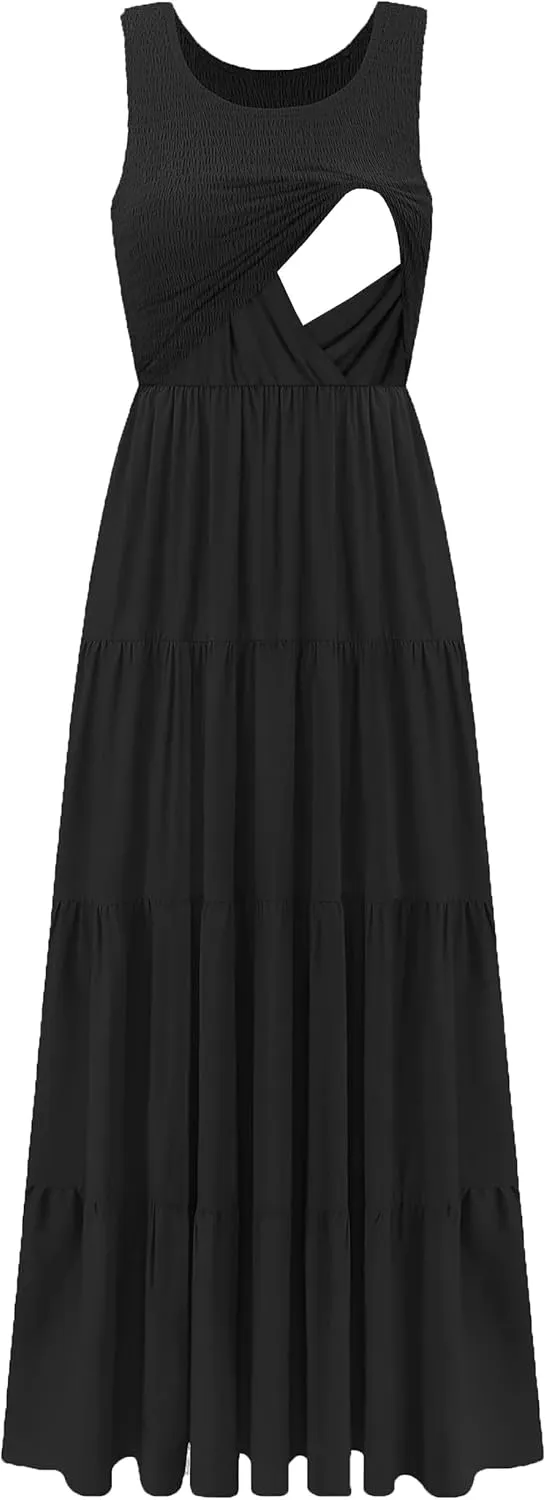 Women's Nursing Dresses Smocked Crew Neck Summer Sleeveless Tiered Maxi Dress with Pockets