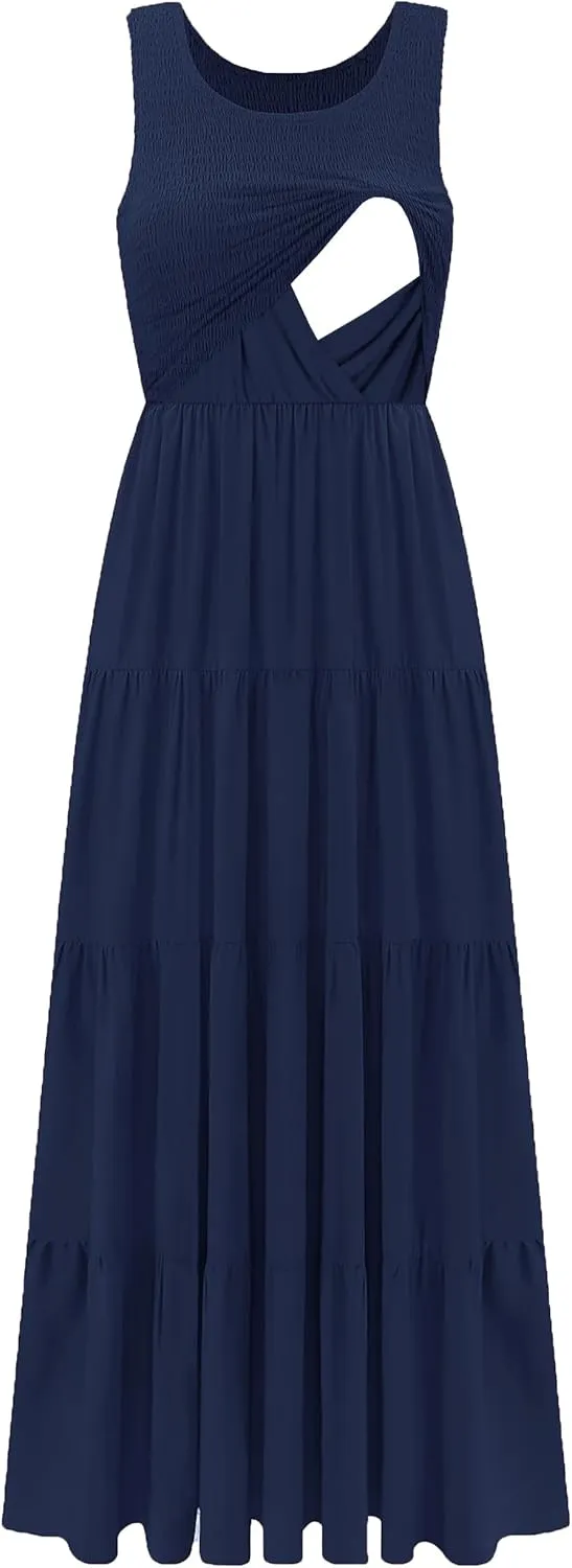 Women's Nursing Dresses Smocked Crew Neck Summer Sleeveless Tiered Maxi Dress with Pockets