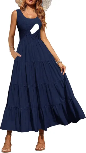 Women's Nursing Dresses Smocked Crew Neck Summer Sleeveless Tiered Maxi Dress with Pockets