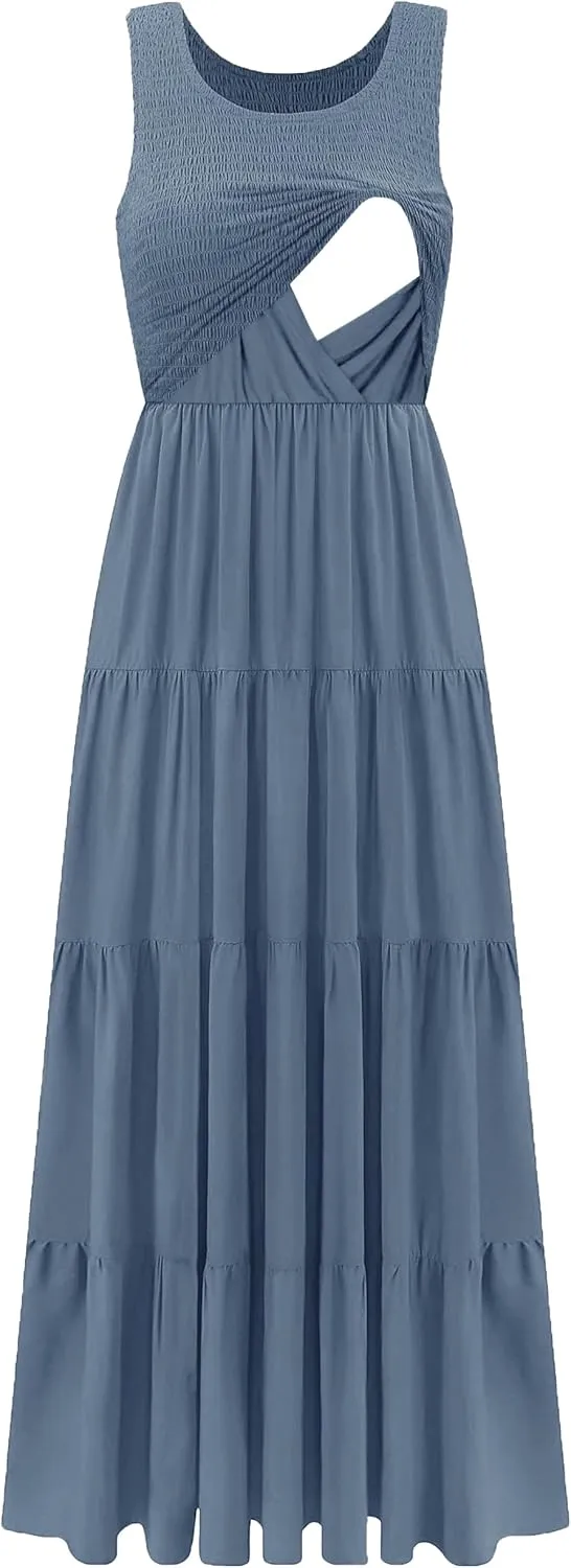 Women's Nursing Dresses Smocked Crew Neck Summer Sleeveless Tiered Maxi Dress with Pockets