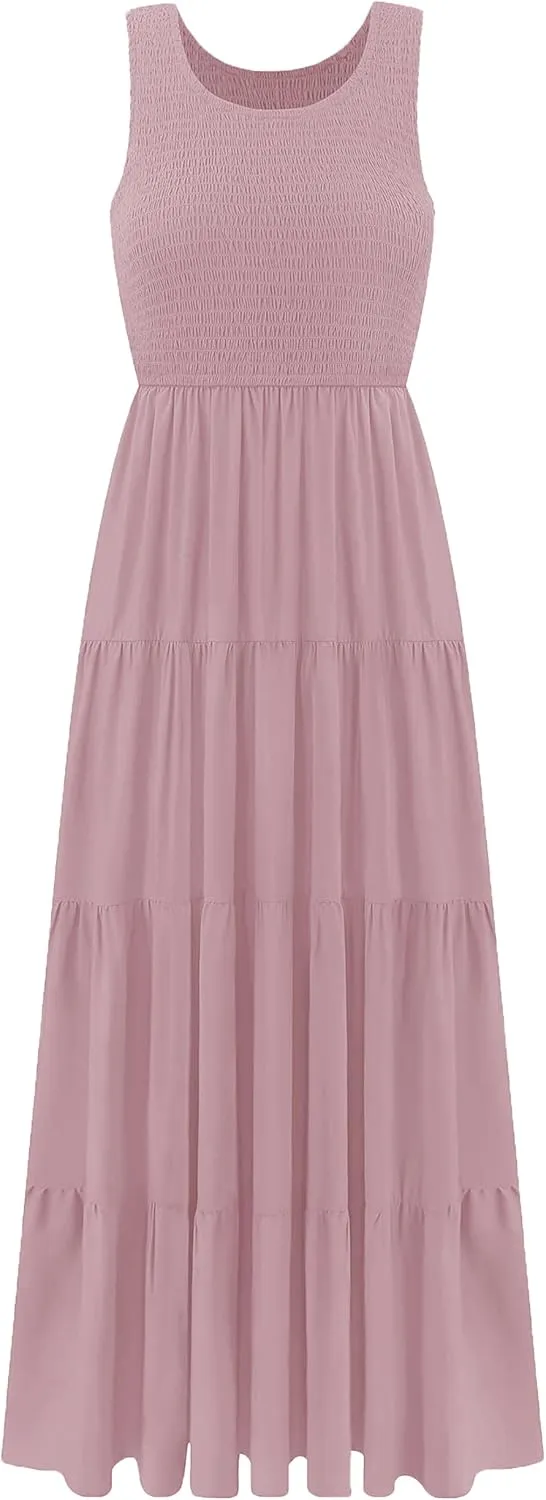 Women's Nursing Dresses Smocked Crew Neck Summer Sleeveless Tiered Maxi Dress with Pockets