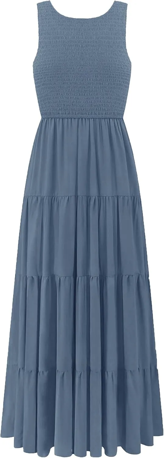 Women's Nursing Dresses Smocked Crew Neck Summer Sleeveless Tiered Maxi Dress with Pockets