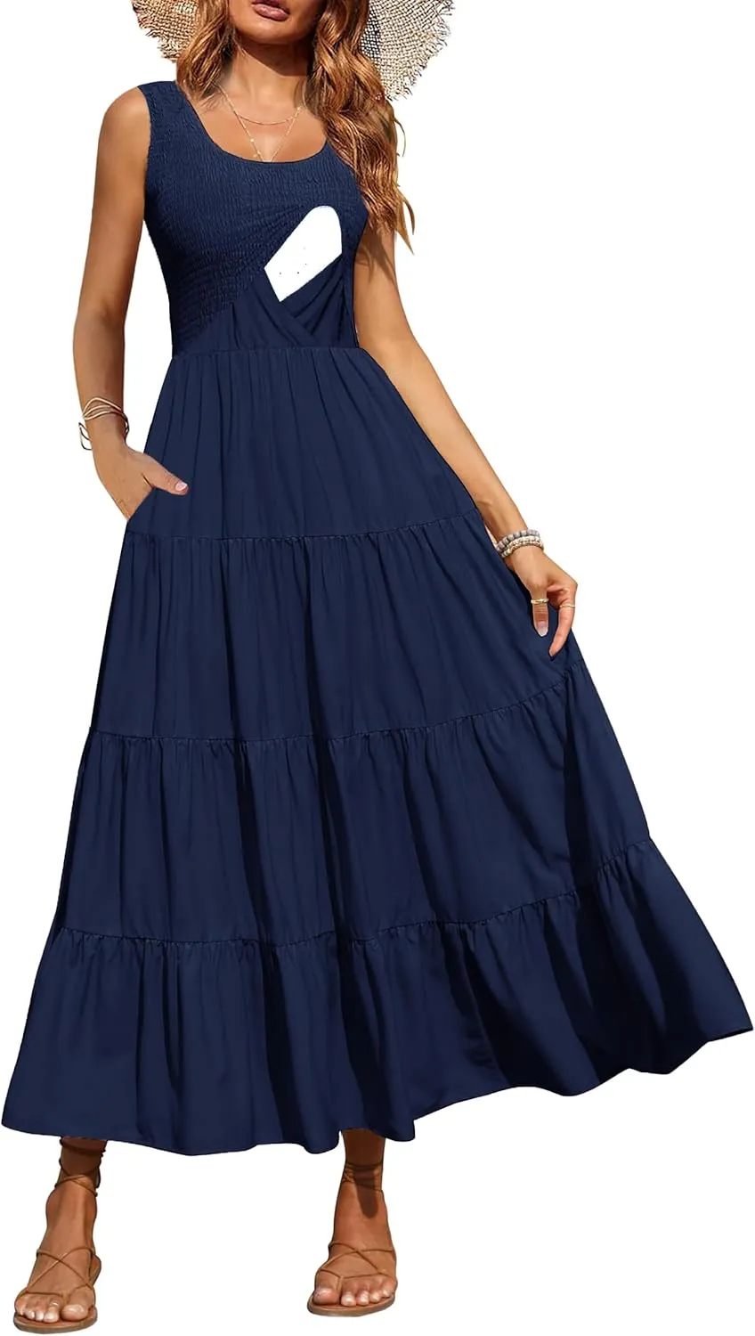 Women's Nursing Dresses Smocked Crew Neck Summer Sleeveless Tiered Maxi Dress with Pockets