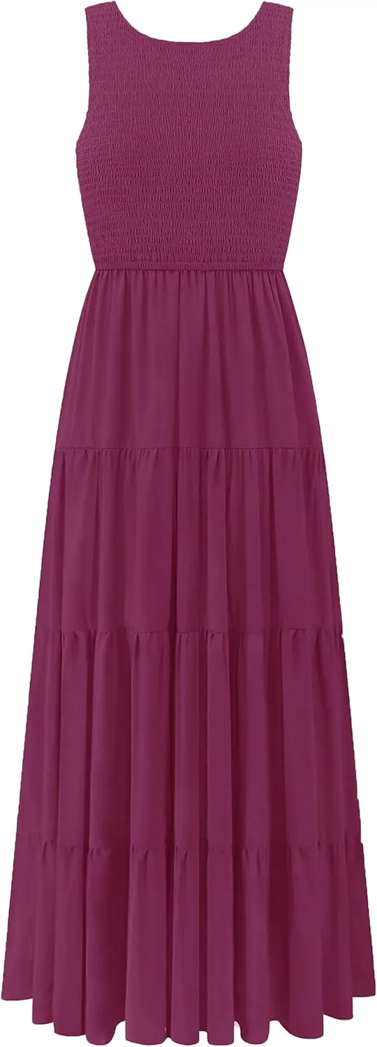 Women's Nursing Dresses Smocked Crew Neck Summer Sleeveless Tiered Maxi Dress with Pockets