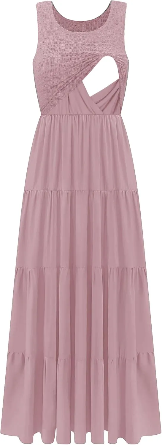 Women's Nursing Dresses Smocked Crew Neck Summer Sleeveless Tiered Maxi Dress with Pockets