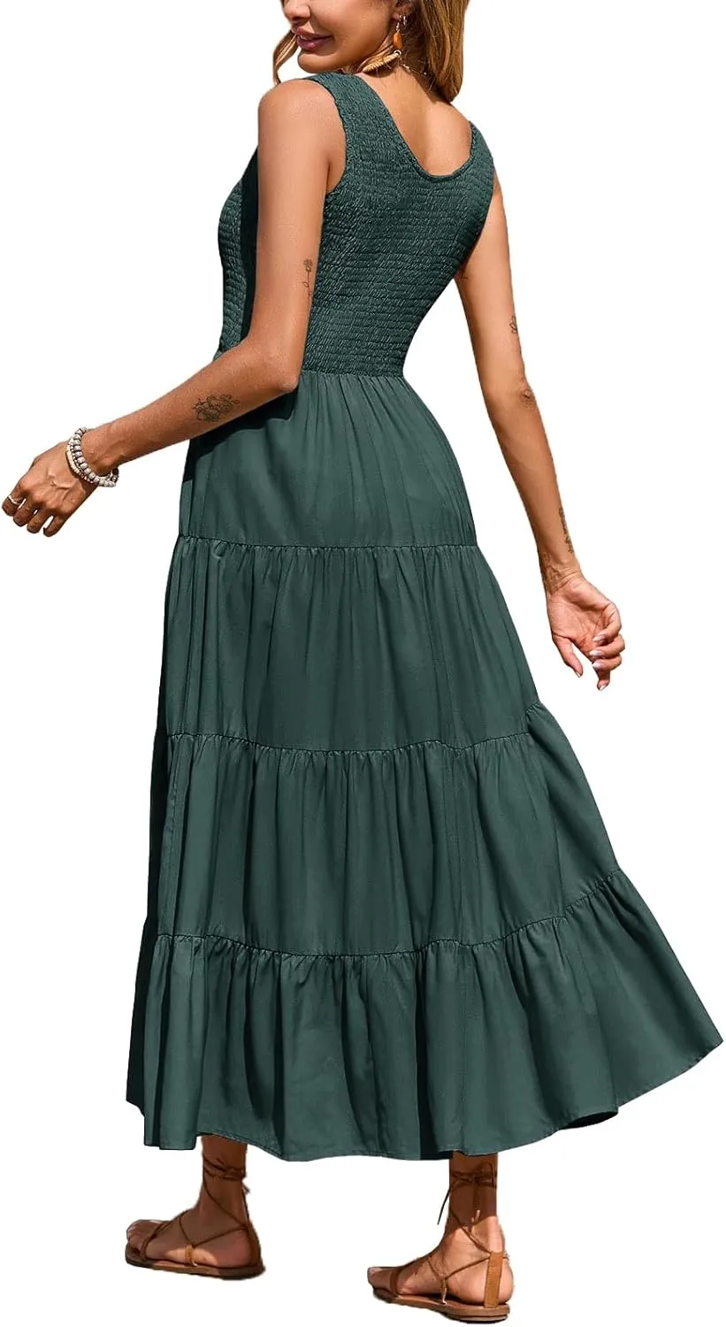 Women's Nursing Dresses Smocked Crew Neck Summer Sleeveless Tiered Maxi Dress with Pockets