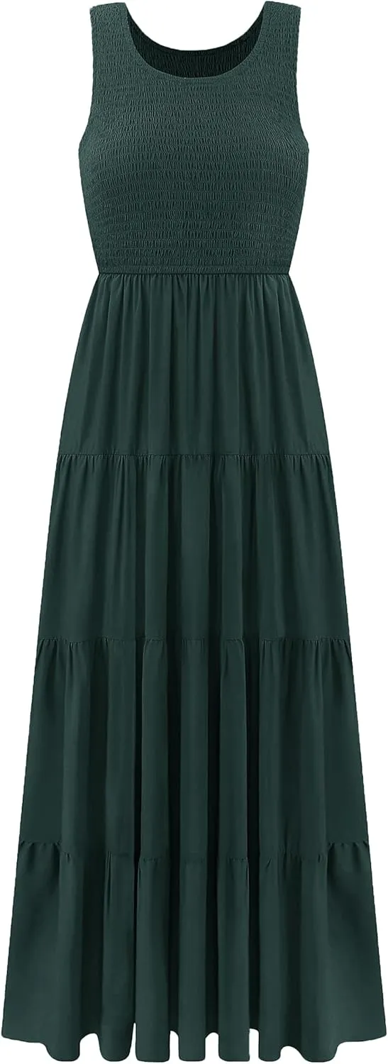 Women's Nursing Dresses Smocked Crew Neck Summer Sleeveless Tiered Maxi Dress with Pockets