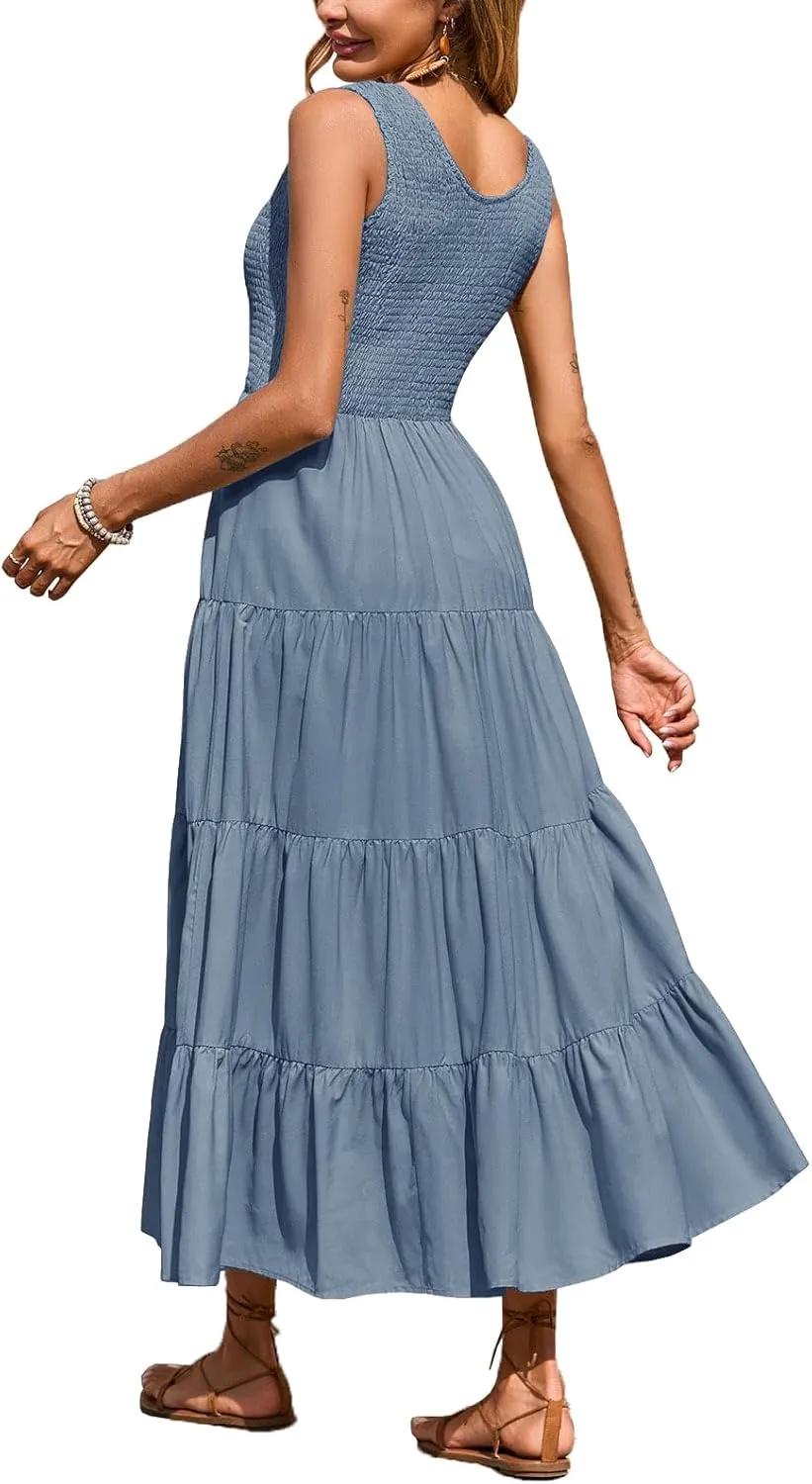 Women's Nursing Dresses Smocked Crew Neck Summer Sleeveless Tiered Maxi Dress with Pockets