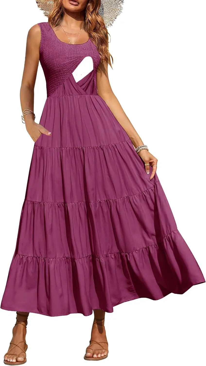 Women's Nursing Dresses Smocked Crew Neck Summer Sleeveless Tiered Maxi Dress with Pockets