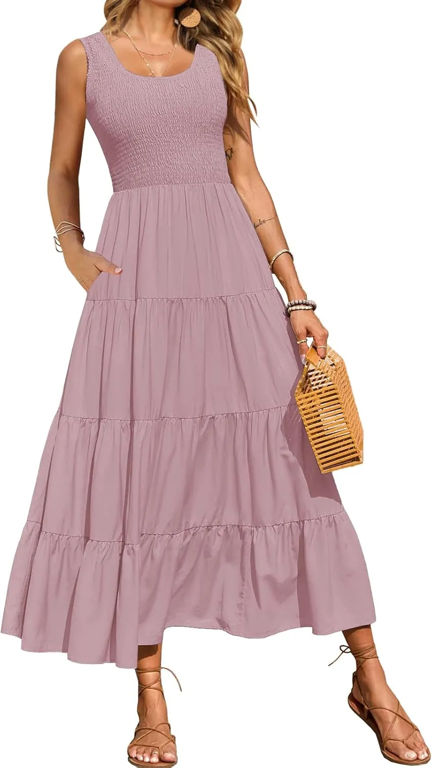 Women's Nursing Dresses Smocked Crew Neck Summer Sleeveless Tiered Maxi Dress with Pockets