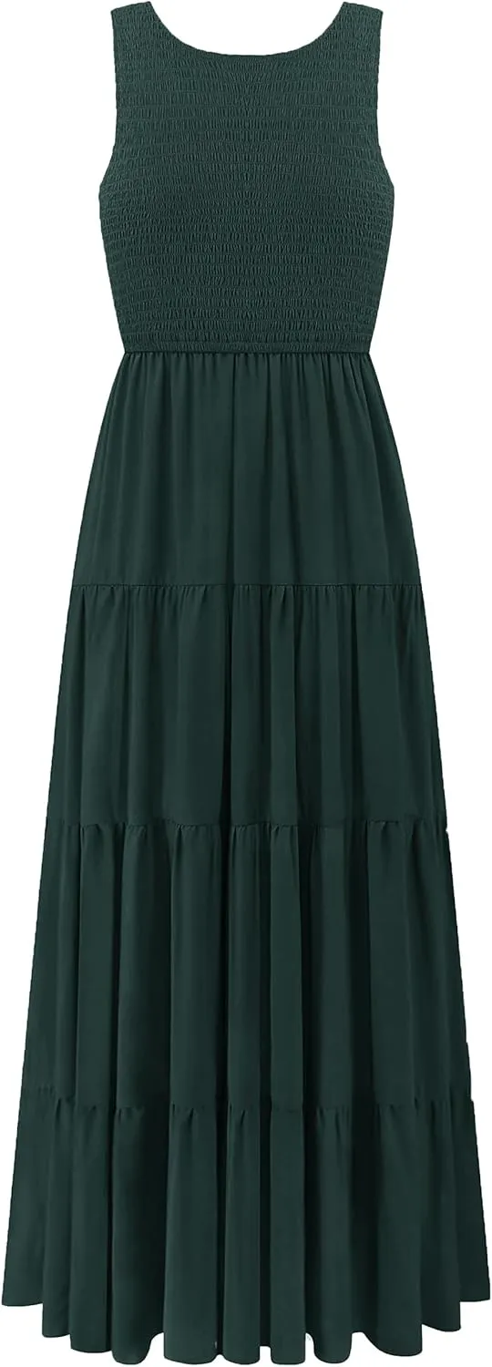 Women's Nursing Dresses Smocked Crew Neck Summer Sleeveless Tiered Maxi Dress with Pockets