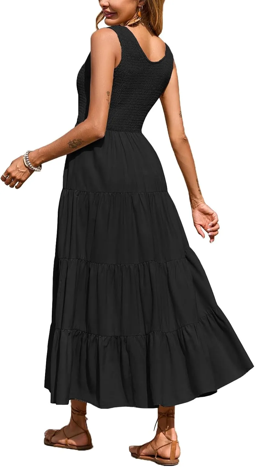 Women's Nursing Dresses Smocked Crew Neck Summer Sleeveless Tiered Maxi Dress with Pockets