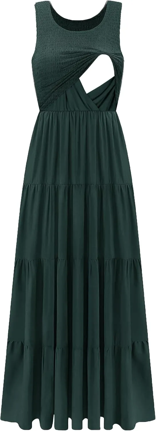 Women's Nursing Dresses Smocked Crew Neck Summer Sleeveless Tiered Maxi Dress with Pockets